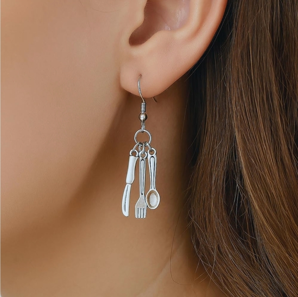 NWT! Fork Spoon Knife Alloy Utensil Fun Foodie Drop Earrings